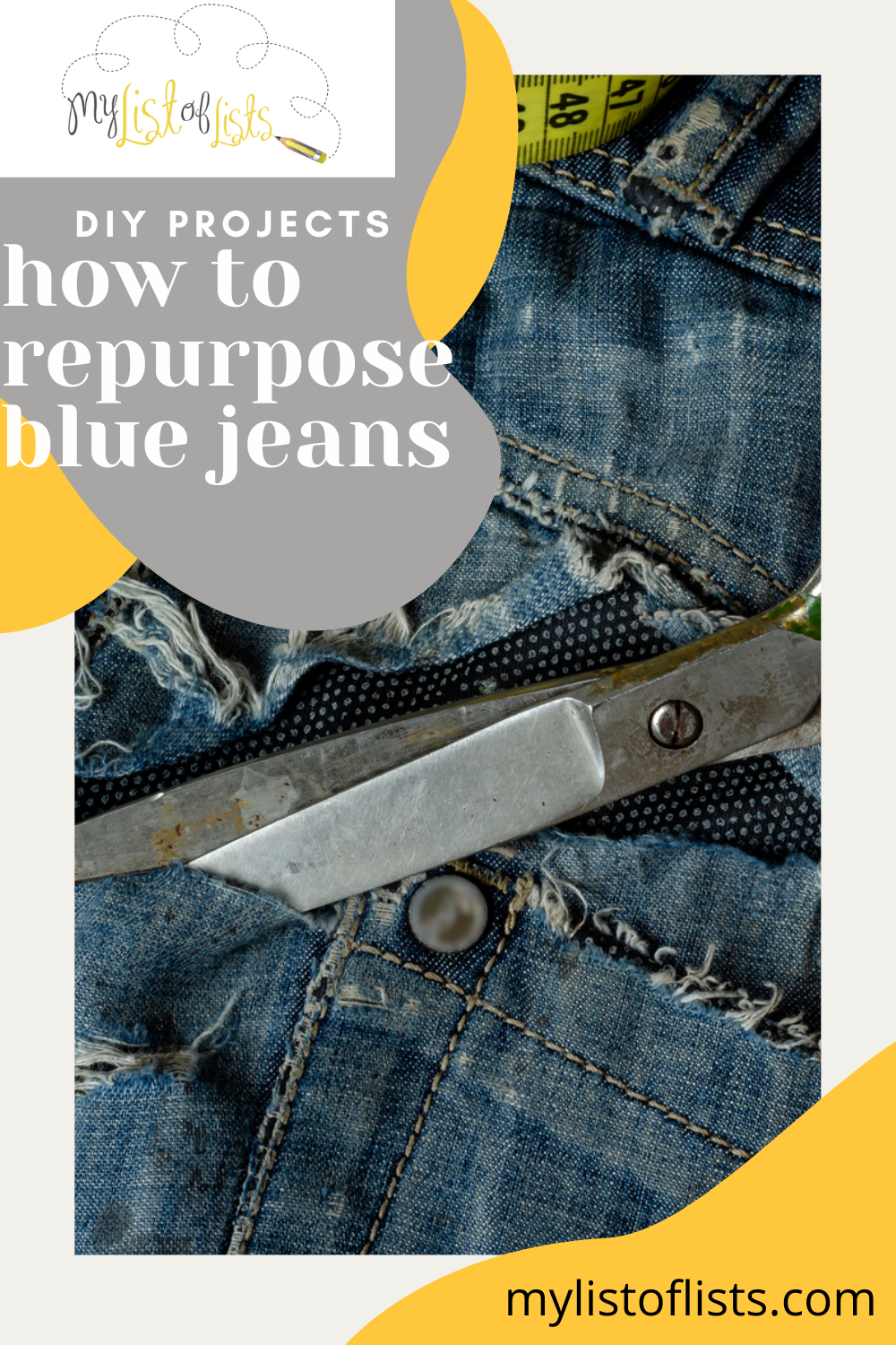 Everyone has an old pair of blue jeans that doesn't quite fit anymore. Instead of throwing those away, turn them into something awesome with these easy ways to repurpose blue jeans. These DIY ideas are super simple. #diy #projects #mylistoflistsblog